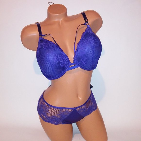 Victoria Secret Bra 38DD Push Up Medium Cheeky Panty Purple Lace Strappy Very Se